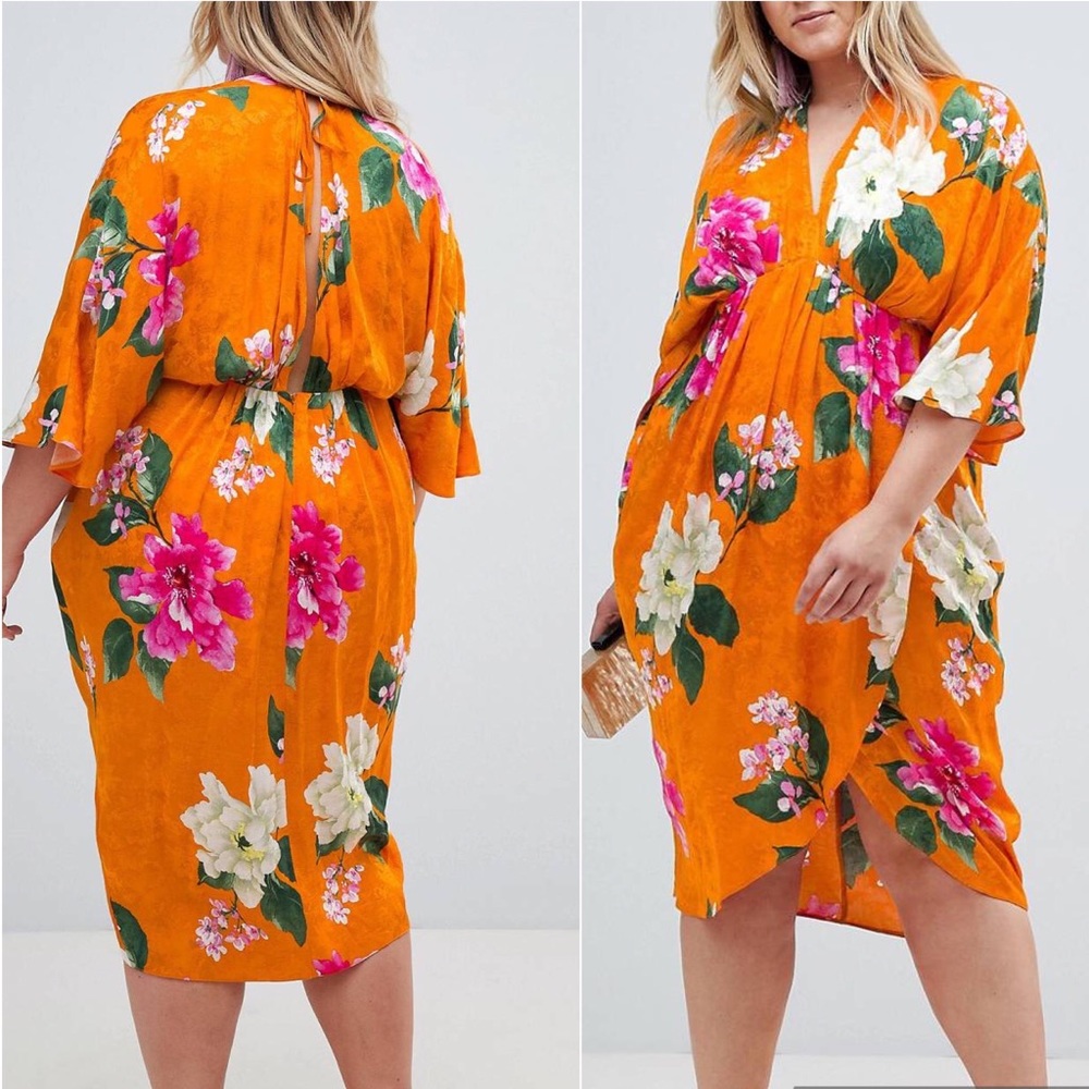 ASOS DESIGN Curve Kimono Midi Dress in Bold Floral Jacquard (Orange) Sz 18